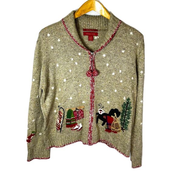 Northern Isles Tan Marled 2004 Christmas Winter Scenes Full Zip Sweater Size XL - Picture 3 of 15